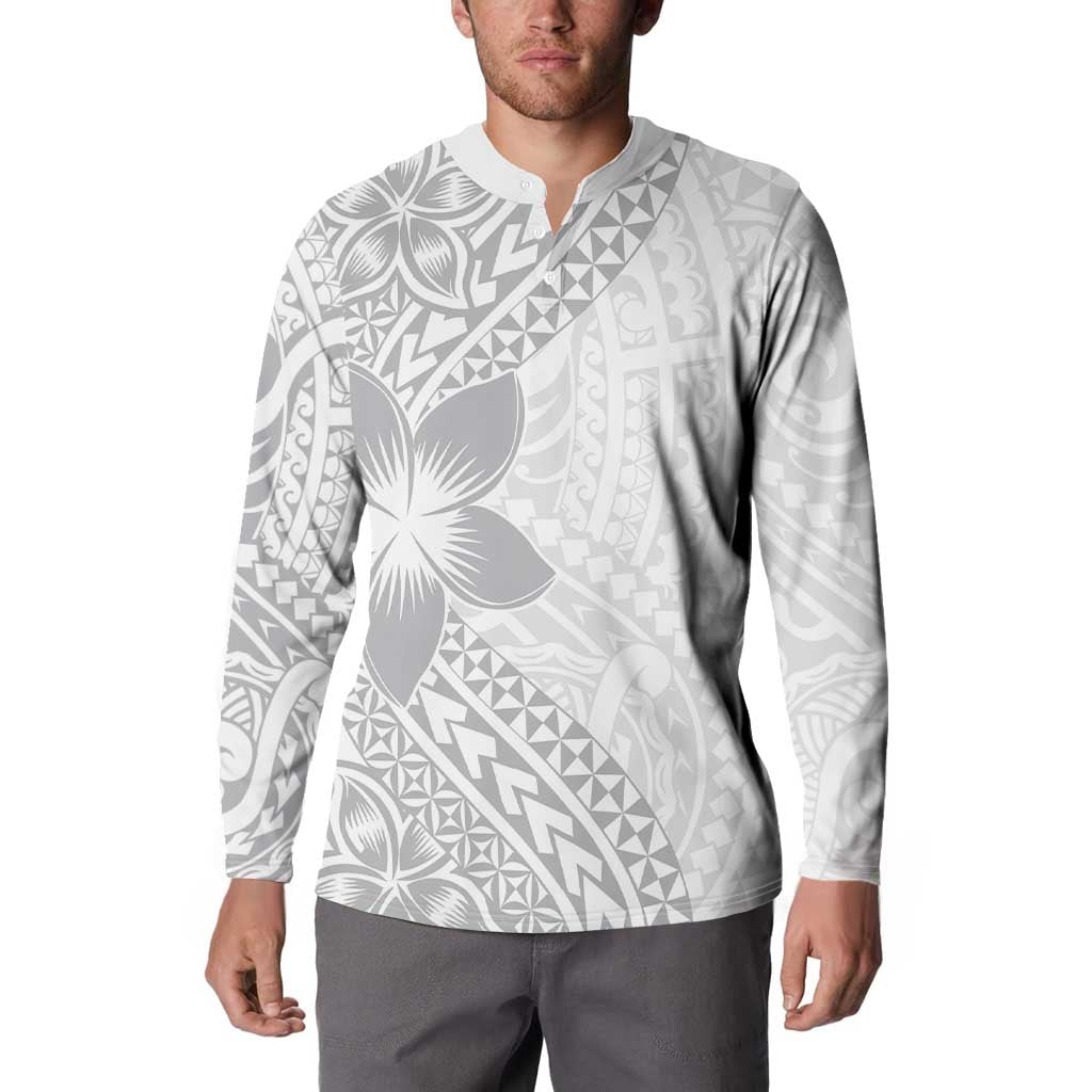 Lotu Tamaiti White Sunday Button Sweatshirt Pacific Plumeria Flowers - White Version