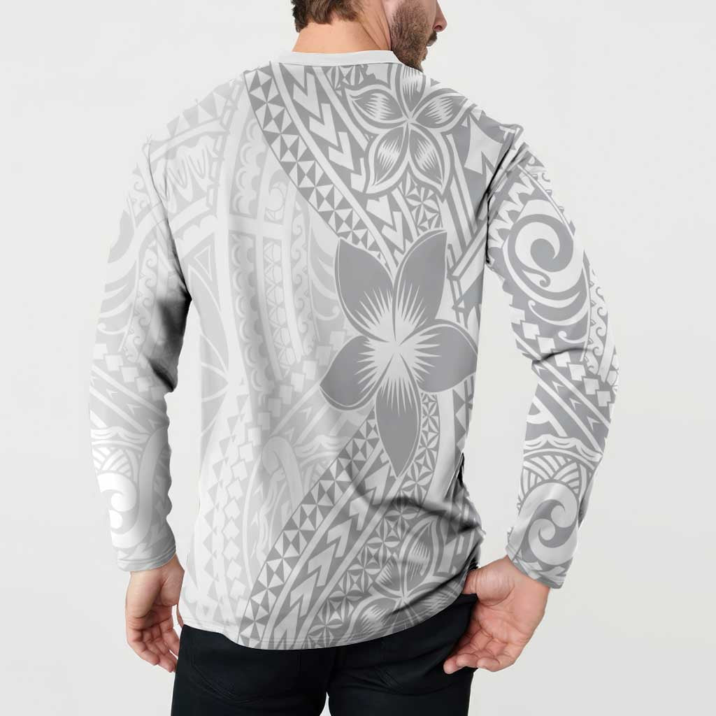 Lotu Tamaiti White Sunday Button Sweatshirt Pacific Plumeria Flowers - White Version