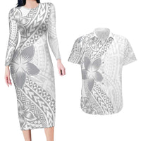 Lotu Tamaiti White Sunday Couples Matching Long Sleeve Bodycon Dress and Hawaiian Shirt Pacific Plumeria Flowers - White Version