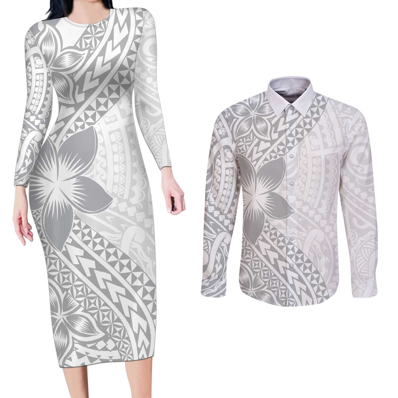 Lotu Tamaiti White Sunday Couples Matching Long Sleeve Bodycon Dress and Long Sleeve Button Shirt Pacific Plumeria Flowers - White Version