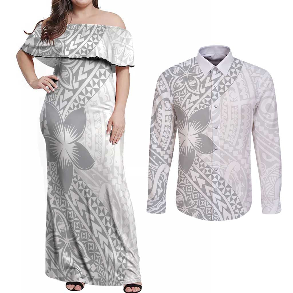 Lotu Tamaiti White Sunday Couples Matching Off Shoulder Maxi Dress and Long Sleeve Button Shirt Pacific Plumeria Flowers - White Version
