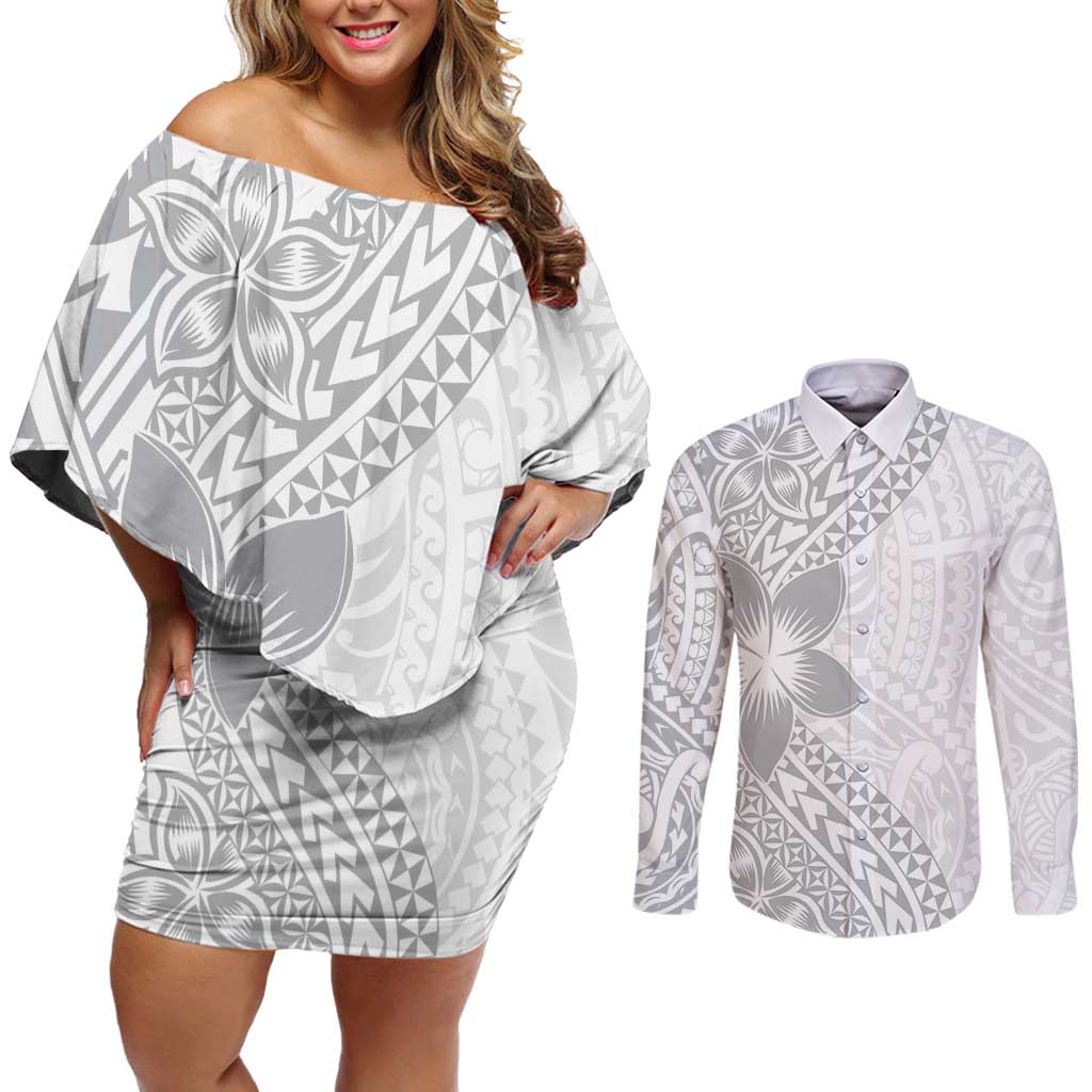 Lotu Tamaiti White Sunday Couples Matching Off Shoulder Short Dress and Long Sleeve Button Shirt Pacific Plumeria Flowers - White Version