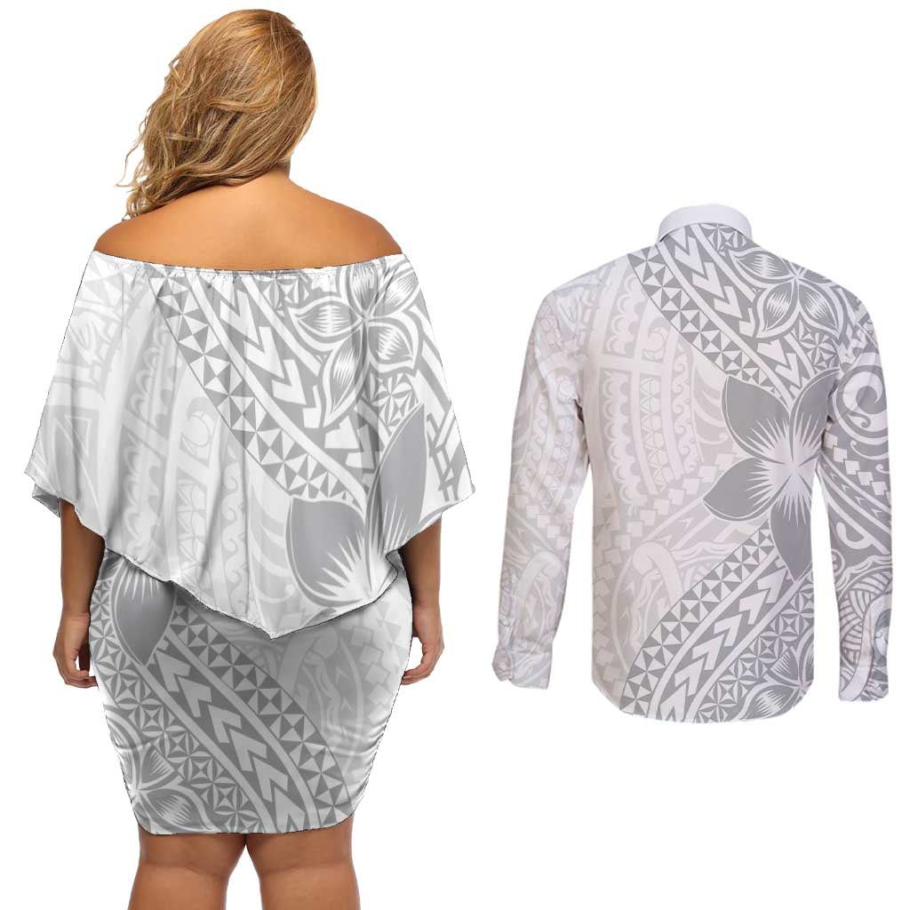 Lotu Tamaiti White Sunday Couples Matching Off Shoulder Short Dress and Long Sleeve Button Shirt Pacific Plumeria Flowers - White Version