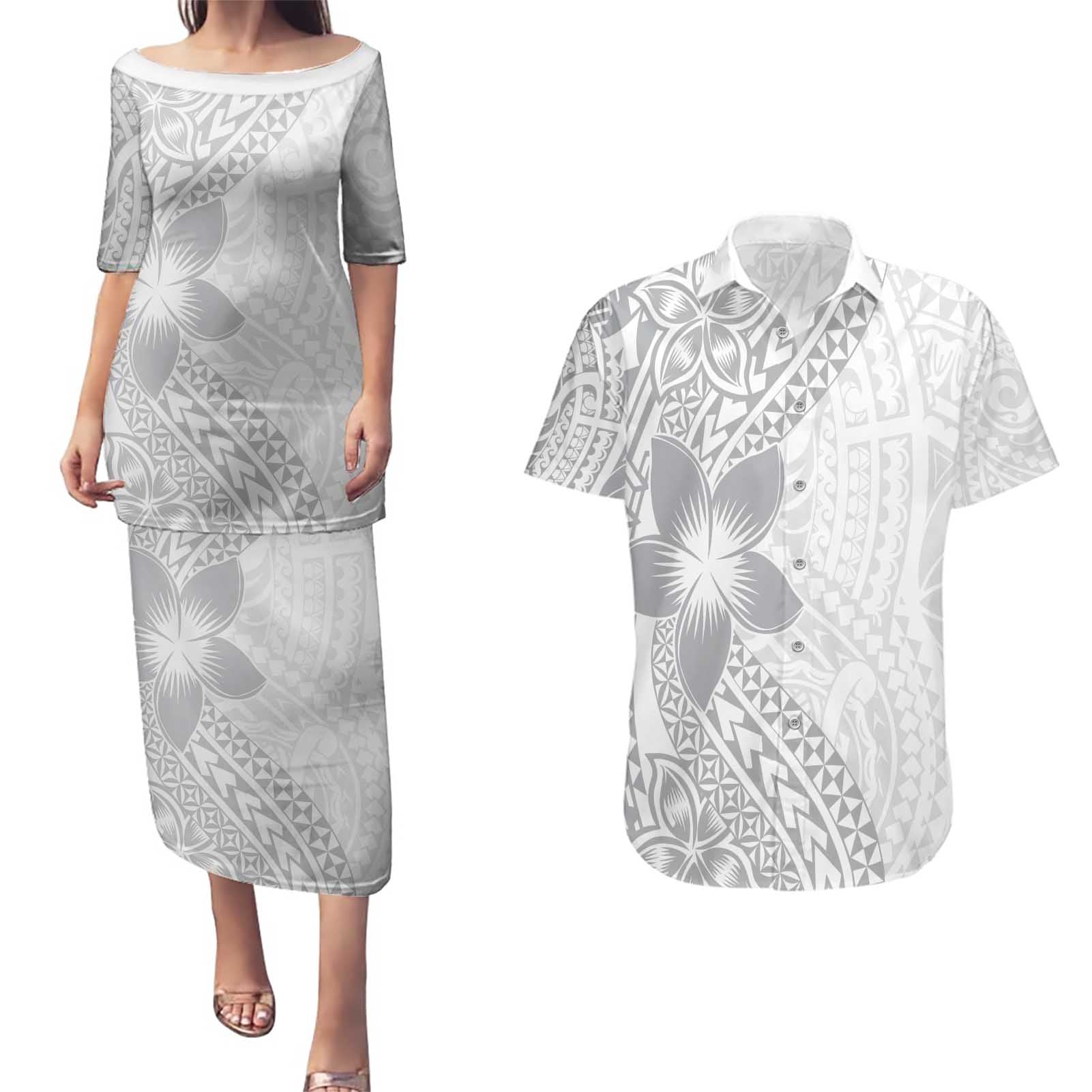 Lotu Tamaiti White Sunday Couples Matching Puletasi and Hawaiian Shirt Pacific Plumeria Flowers - White Version