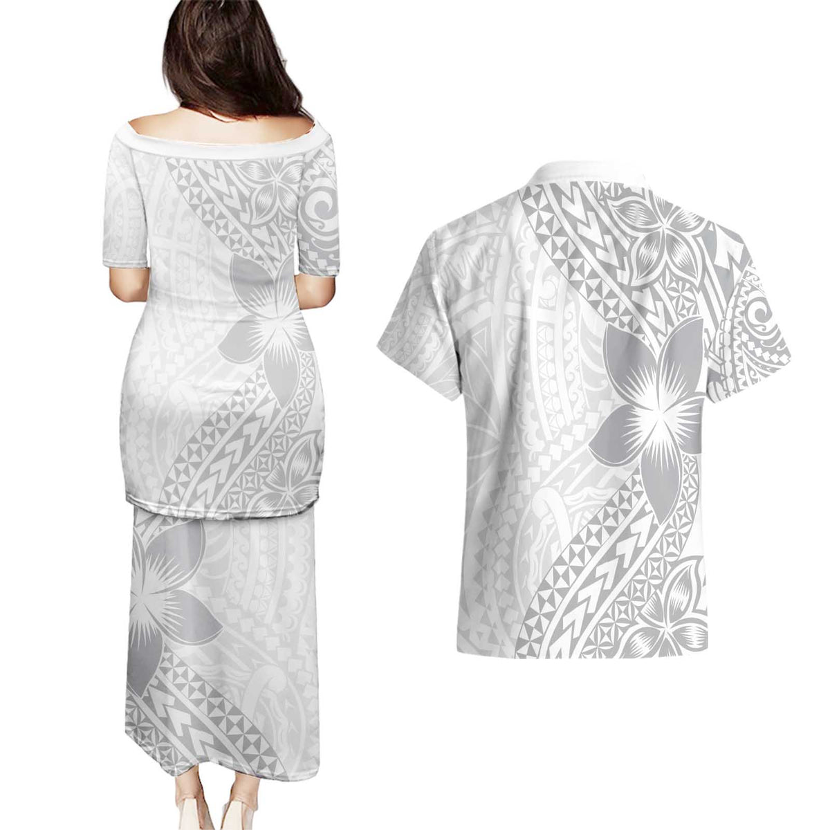 Lotu Tamaiti White Sunday Couples Matching Puletasi and Hawaiian Shirt Pacific Plumeria Flowers - White Version
