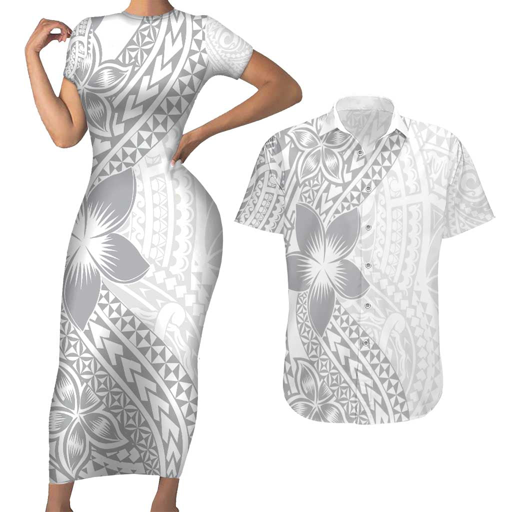 Lotu Tamaiti White Sunday Couples Matching Short Sleeve Bodycon Dress and Hawaiian Shirt Pacific Plumeria Flowers - White Version