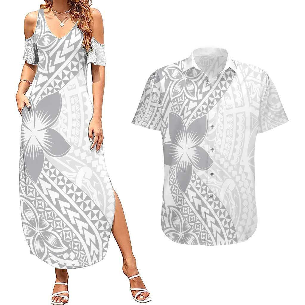 Lotu Tamaiti White Sunday Couples Matching Summer Maxi Dress and Hawaiian Shirt Pacific Plumeria Flowers - White Version