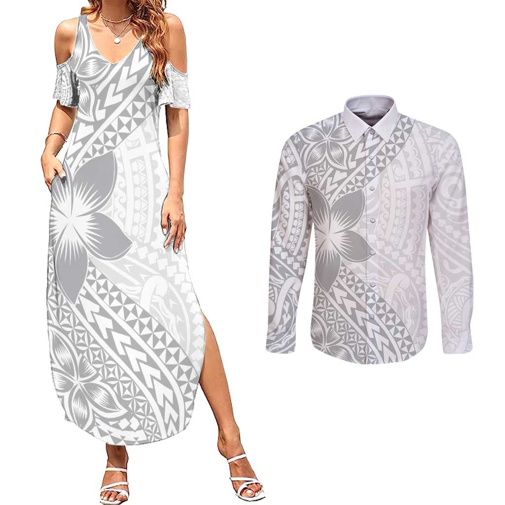 Lotu Tamaiti White Sunday Couples Matching Summer Maxi Dress and Long Sleeve Button Shirt Pacific Plumeria Flowers - White Version