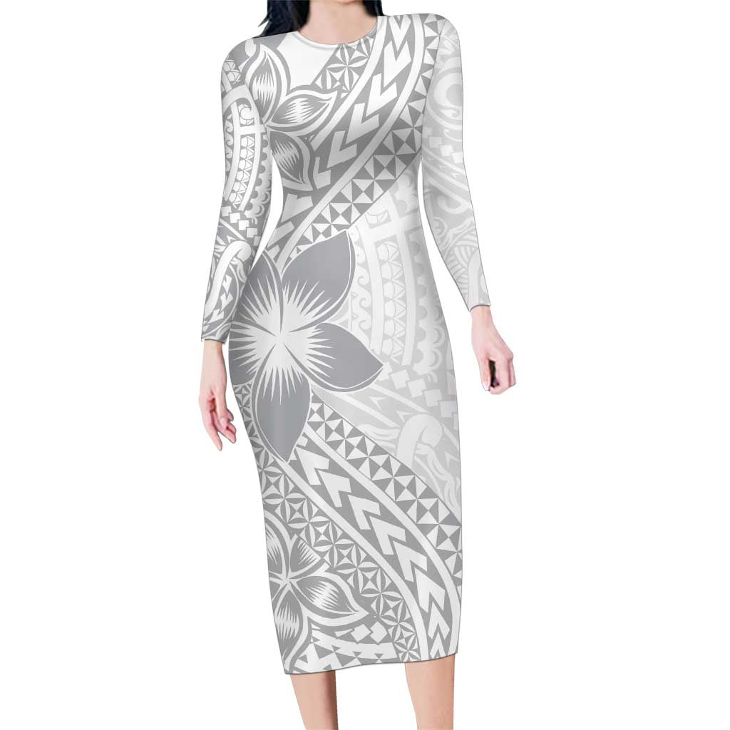 Lotu Tamaiti White Sunday Family Matching Long Sleeve Bodycon Dress and Hawaiian Shirt Pacific Plumeria Flowers - White Version