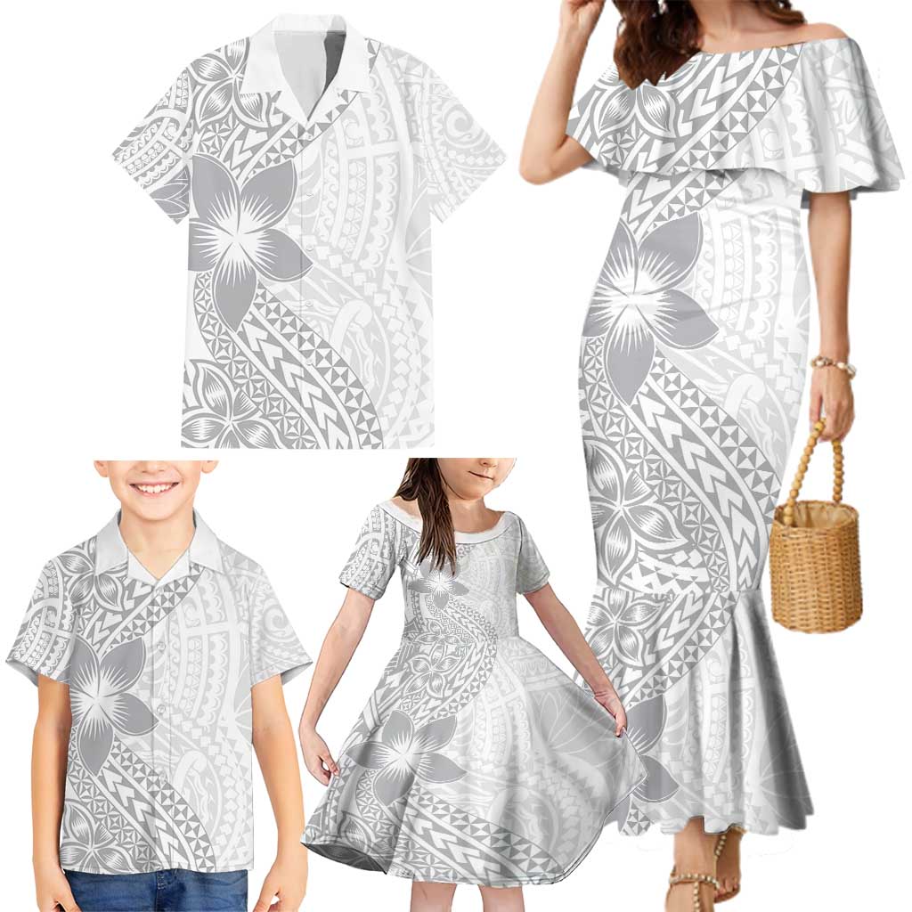 Lotu Tamaiti White Sunday Family Matching Mermaid Dress and Hawaiian Shirt Pacific Plumeria Flowers - White Version