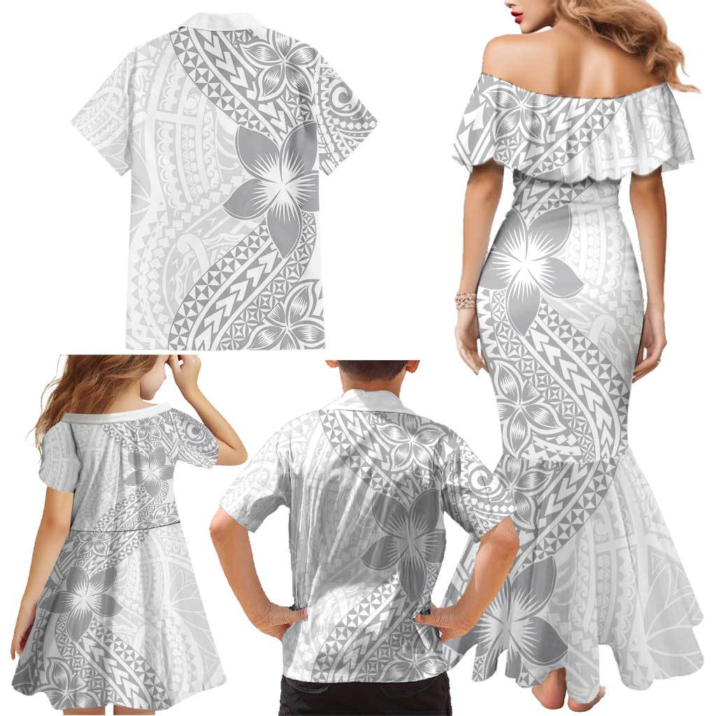 Lotu Tamaiti White Sunday Family Matching Mermaid Dress and Hawaiian Shirt Pacific Plumeria Flowers - White Version