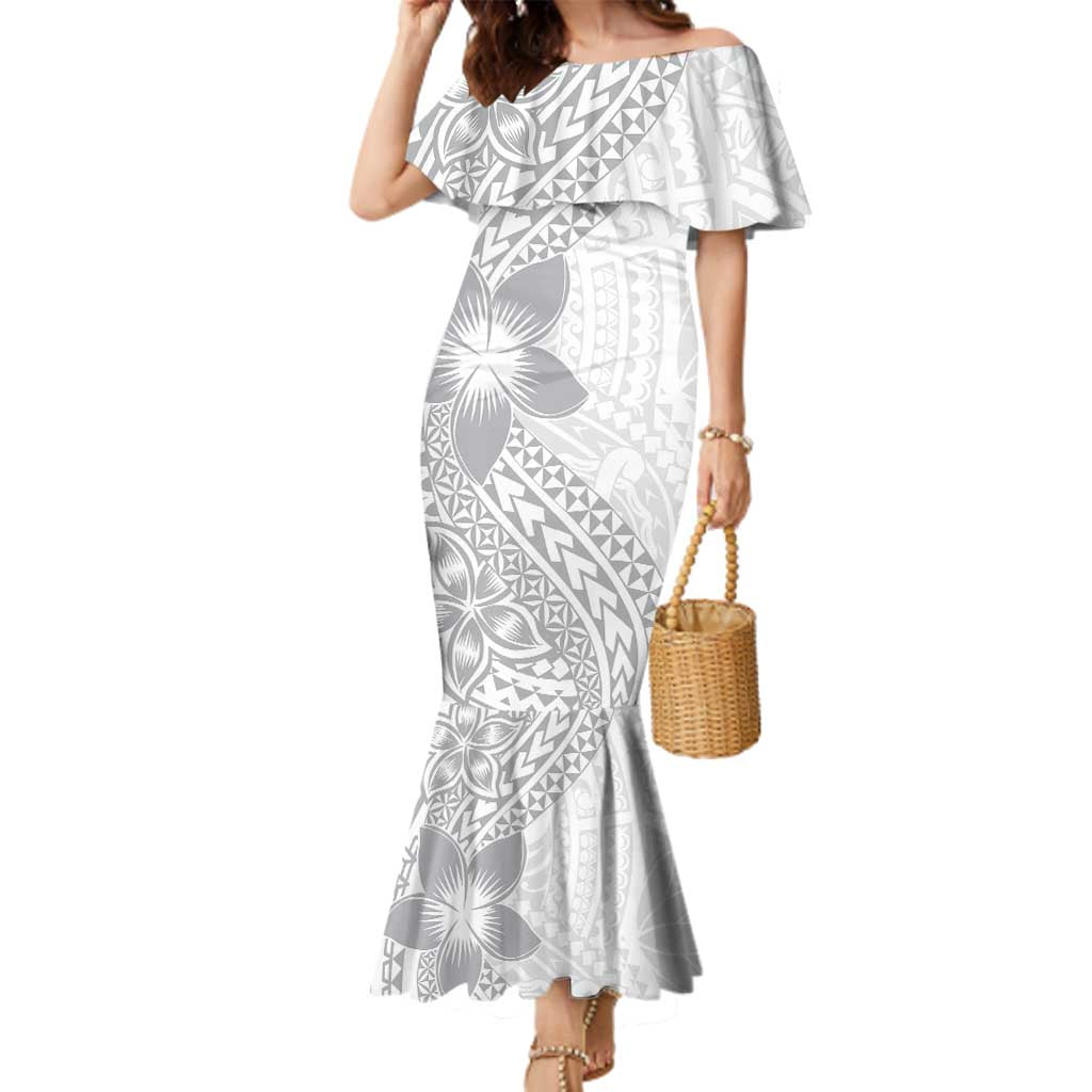 Lotu Tamaiti White Sunday Family Matching Mermaid Dress and Hawaiian Shirt Pacific Plumeria Flowers - White Version