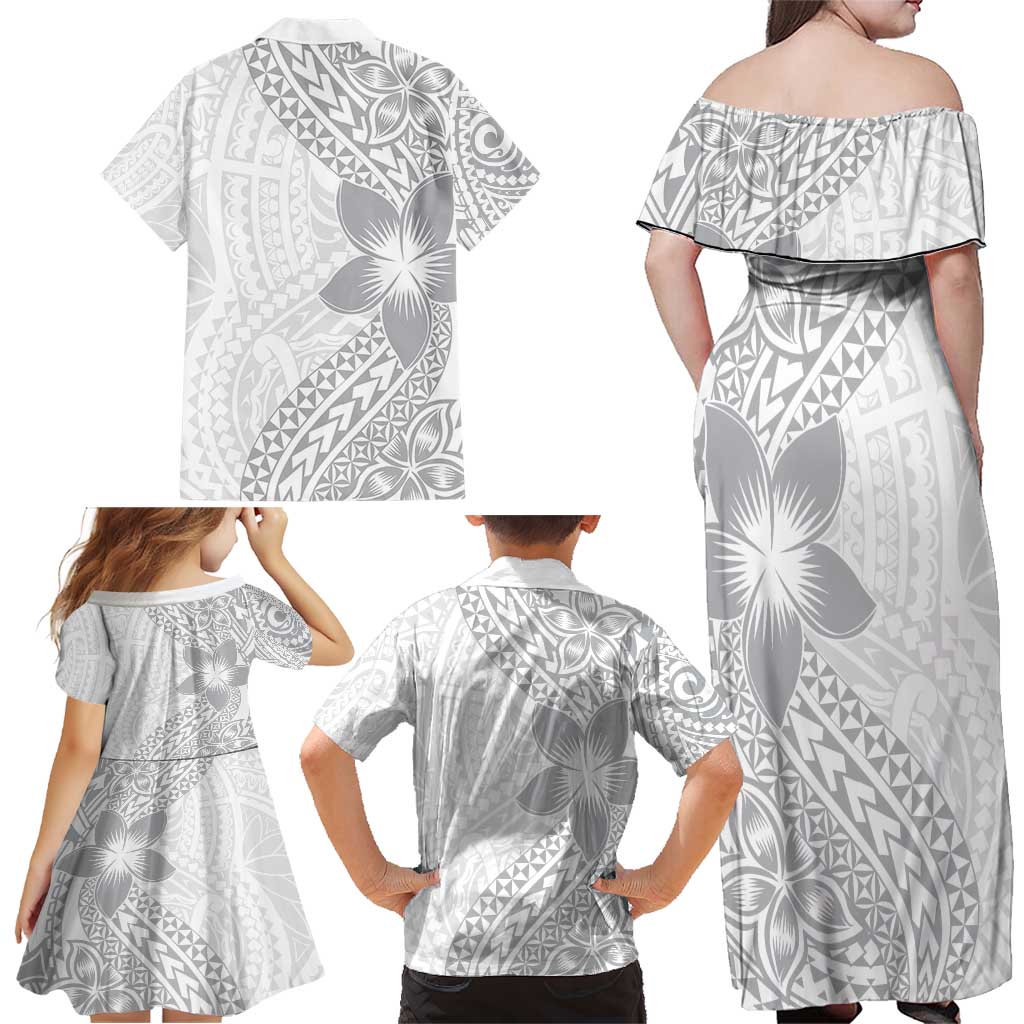 Lotu Tamaiti White Sunday Family Matching Off Shoulder Maxi Dress and Hawaiian Shirt Pacific Plumeria Flowers - White Version