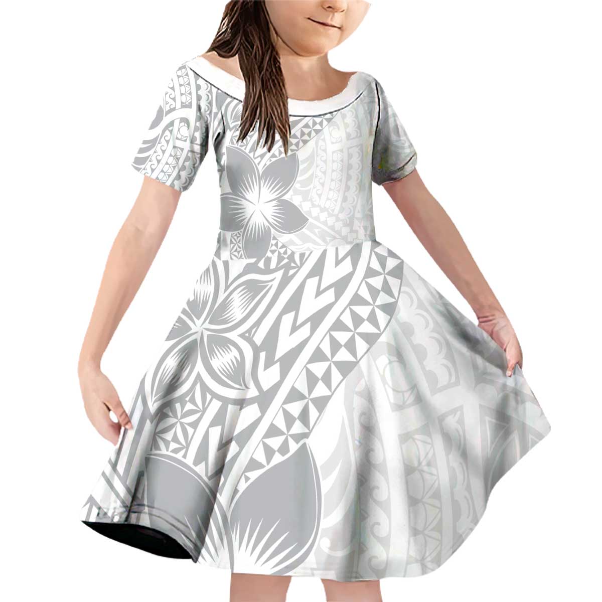 Lotu Tamaiti White Sunday Family Matching Off Shoulder Short Dress and Hawaiian Shirt Pacific Plumeria Flowers - White Version