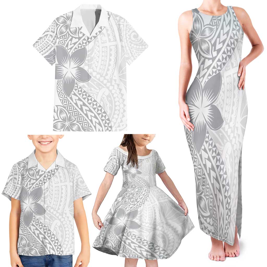Lotu Tamaiti White Sunday Family Matching Tank Maxi Dress and Hawaiian Shirt Pacific Plumeria Flowers - White Version