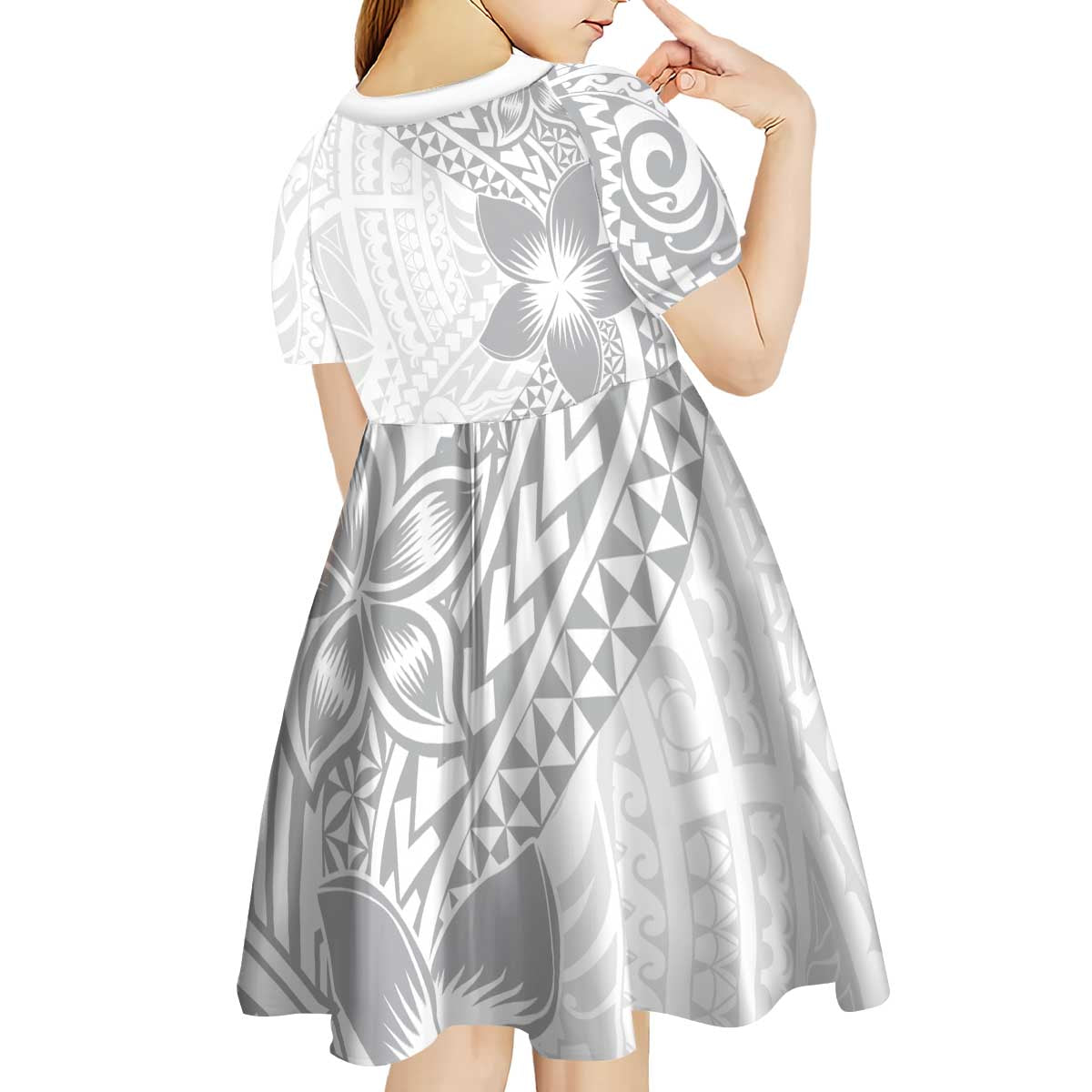 Lotu Tamaiti White Sunday Kid Short Sleeve Dress Pacific Plumeria Flowers - White Version