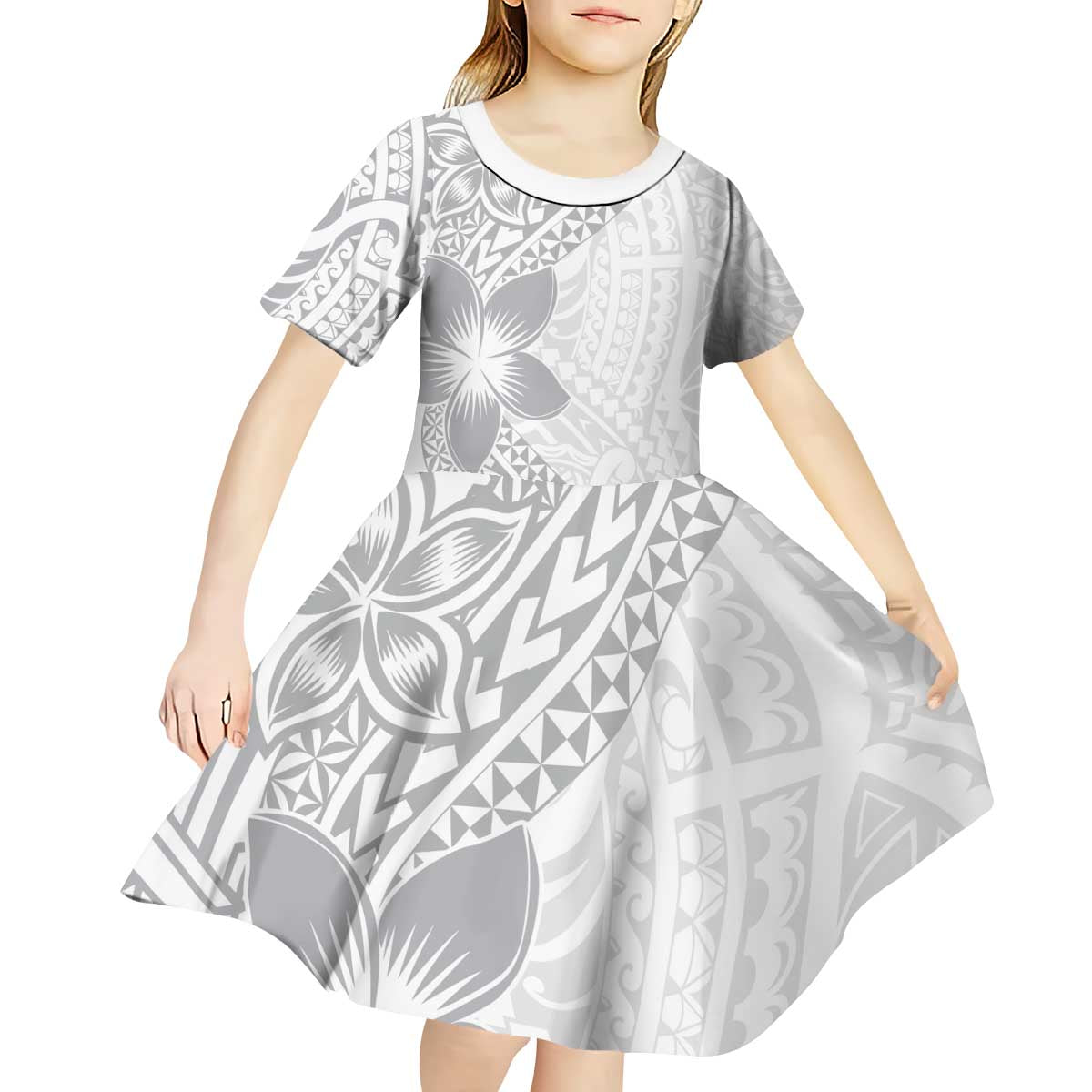 Lotu Tamaiti White Sunday Kid Short Sleeve Dress Pacific Plumeria Flowers - White Version