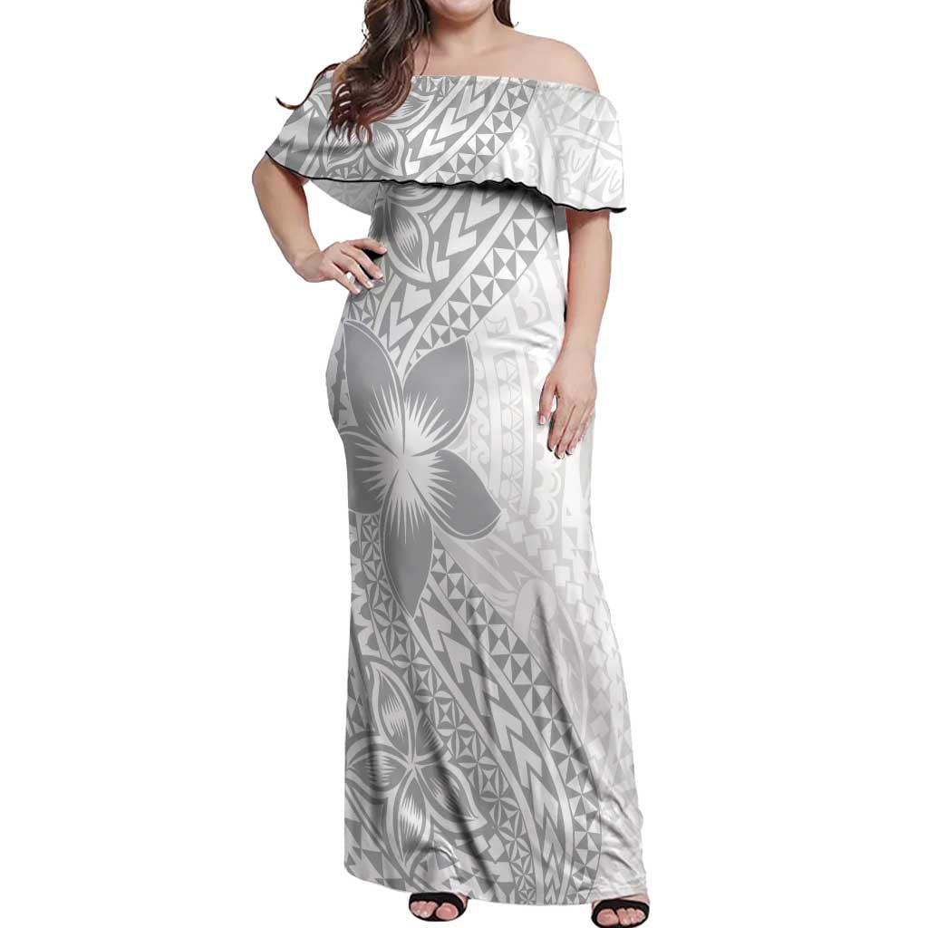 Lotu Tamaiti White Sunday Off Shoulder Maxi Dress Pacific Plumeria Flowers - White Version