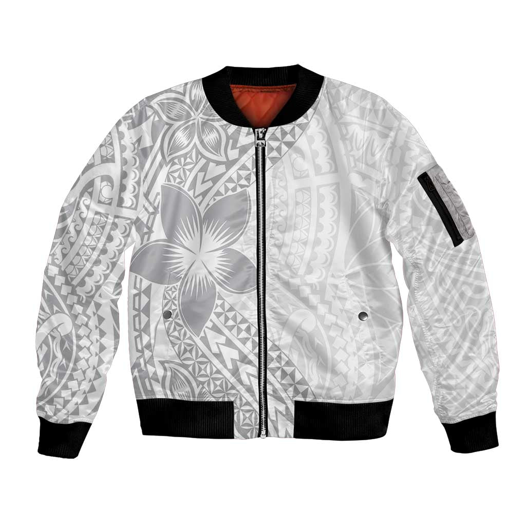Lotu Tamaiti White Sunday Sleeve Zip Bomber Jacket Pacific Plumeria Flowers - White Version