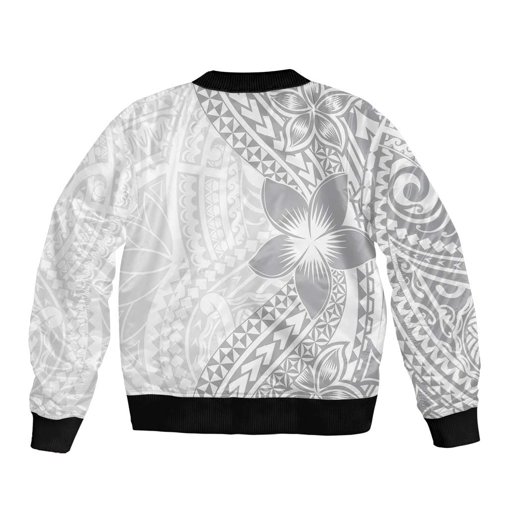 Lotu Tamaiti White Sunday Sleeve Zip Bomber Jacket Pacific Plumeria Flowers - White Version