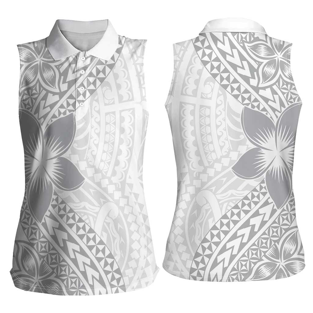 Lotu Tamaiti White Sunday Women Sleeveless Polo Shirt Pacific Plumeria Flowers - White Version