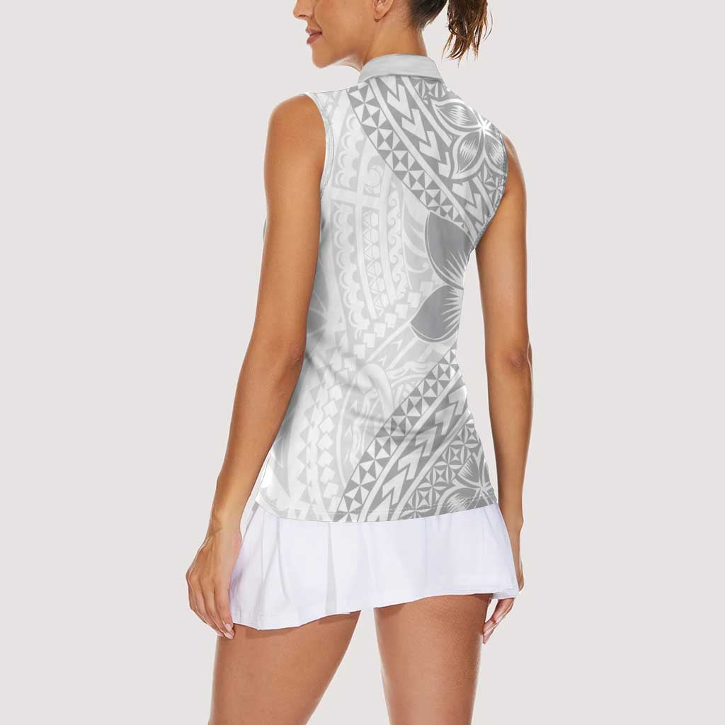 Lotu Tamaiti White Sunday Women Sleeveless Polo Shirt Pacific Plumeria Flowers - White Version