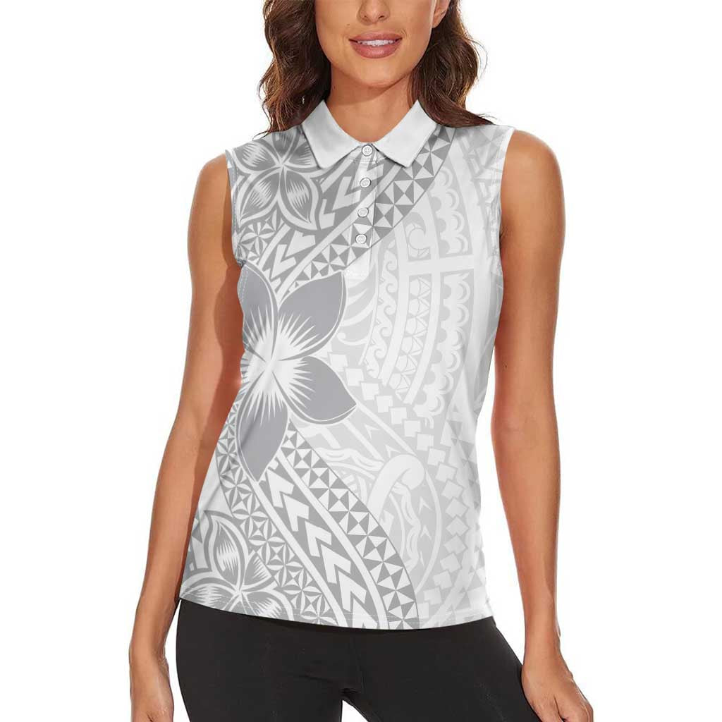 Lotu Tamaiti White Sunday Women Sleeveless Polo Shirt Pacific Plumeria Flowers - White Version