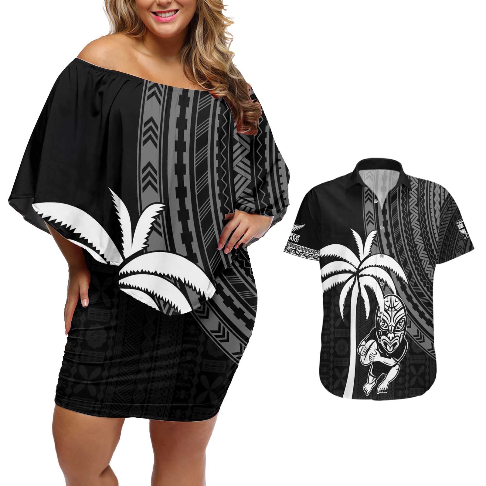 Custom Fiji New Zealand Rugby Couples Matching Off Shoulder Short Dress and Hawaiian Shirt Make History Together