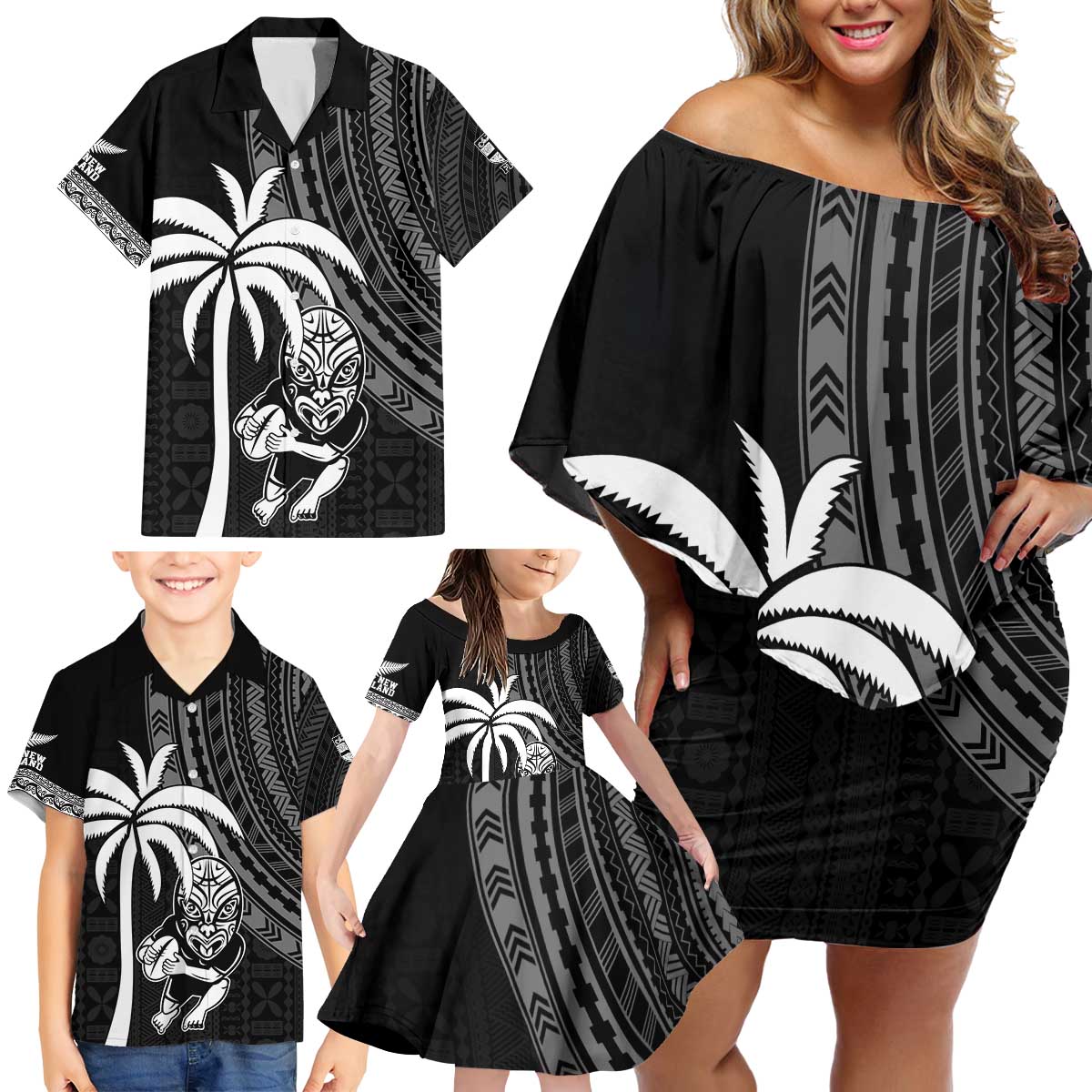 Custom Fiji New Zealand Rugby Family Matching Off Shoulder Short Dress and Hawaiian Shirt Make History Together