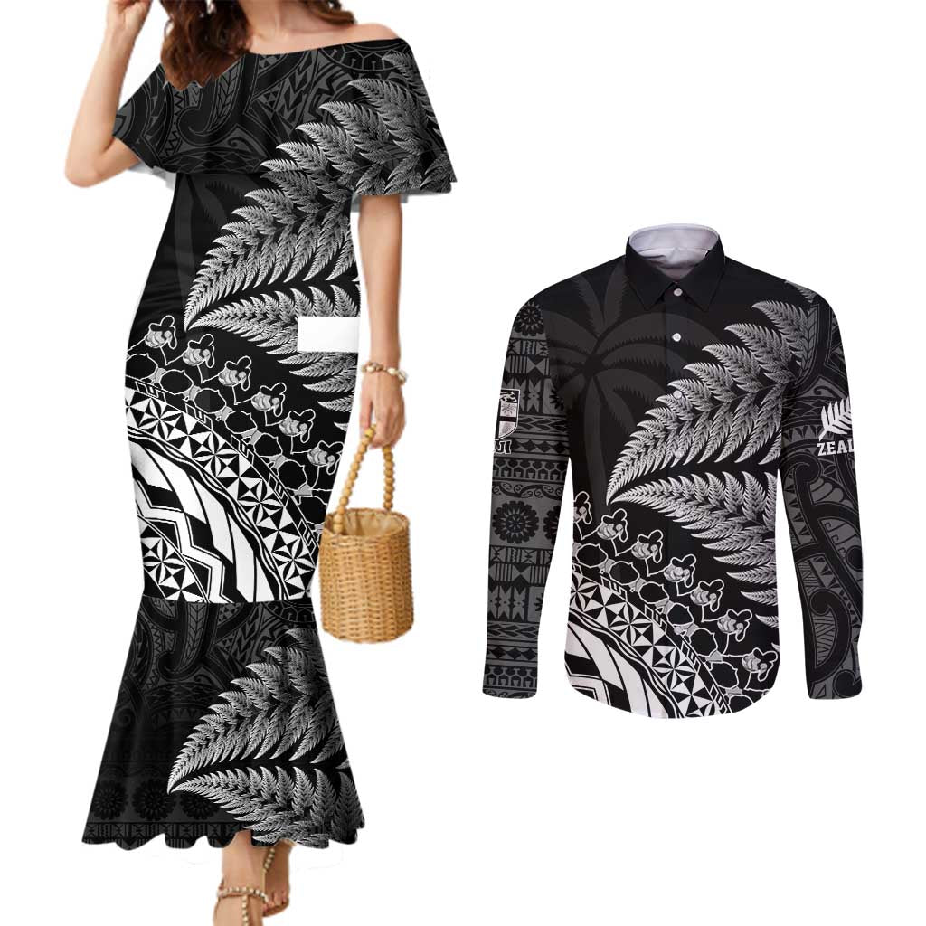 Custom Fiji New Zealand Rugby Couples Matching Mermaid Dress and Long Sleeve Button Shirt Cibi Dance with Black Fern