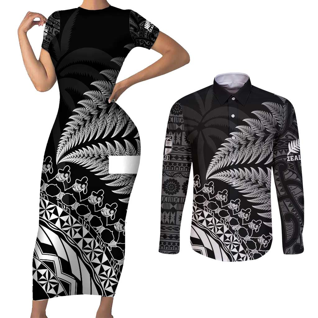 Custom Fiji New Zealand Rugby Couples Matching Short Sleeve Bodycon Dress and Long Sleeve Button Shirt Cibi Dance with Black Fern