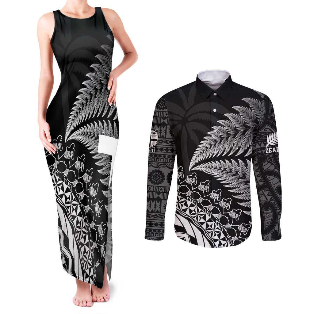 Custom Fiji New Zealand Rugby Couples Matching Tank Maxi Dress and Long Sleeve Button Shirt Cibi Dance with Black Fern