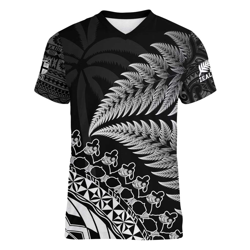 Custom Fiji New Zealand Rugby Women V-Neck T-Shirt Cibi Dance with Black Fern