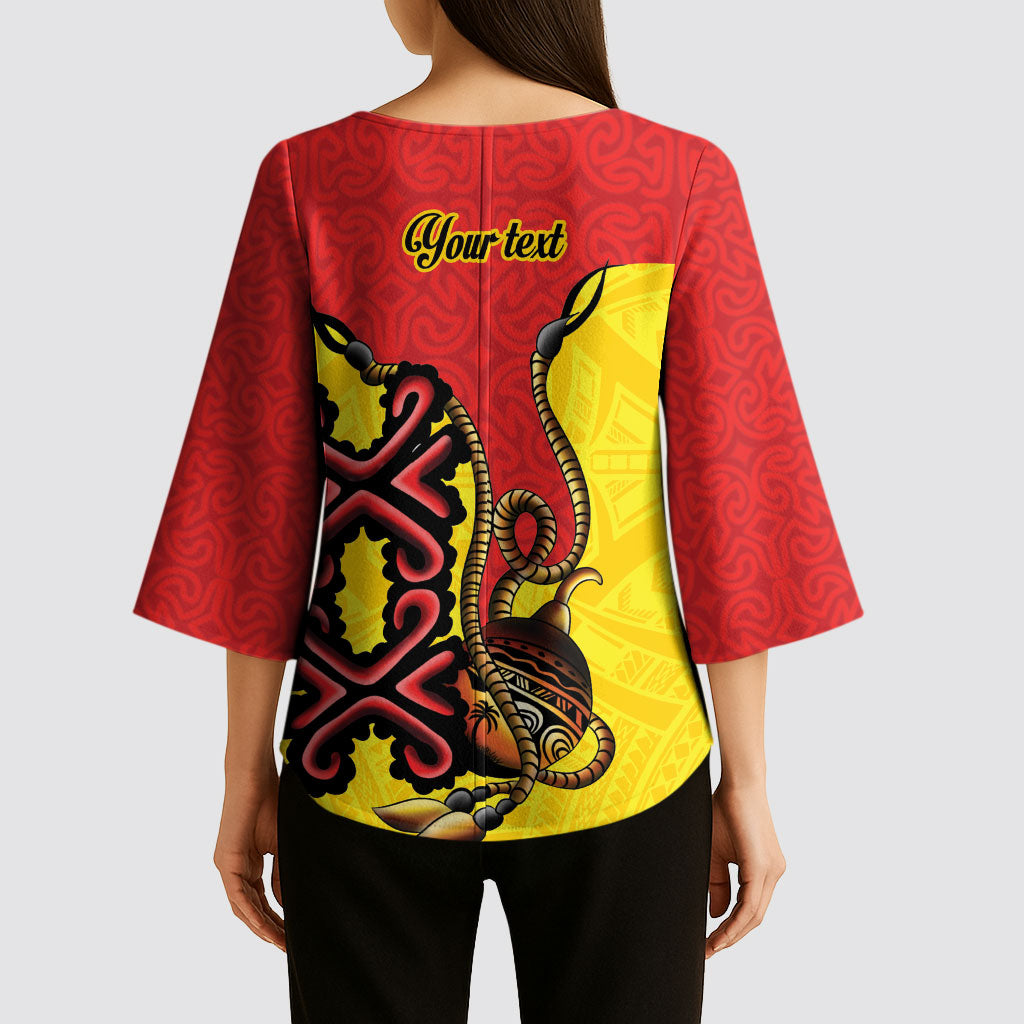 Personalised Papua New Guinea Oro Necklace Kimono Sleeve Blouse Gold Melanesia Traditional Pattern