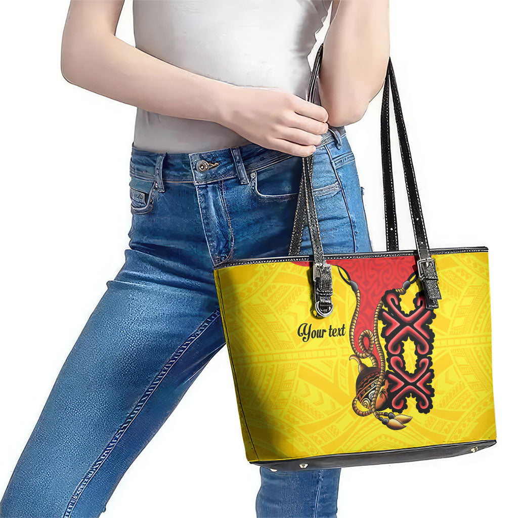 Personalised Papua New Guinea Oro Necklace Leather Tote Bag Gold Melanesia Traditional Pattern