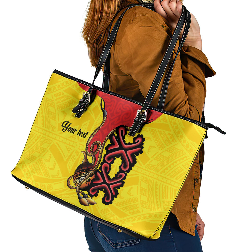 Personalised Papua New Guinea Oro Necklace Leather Tote Bag Gold Melanesia Traditional Pattern