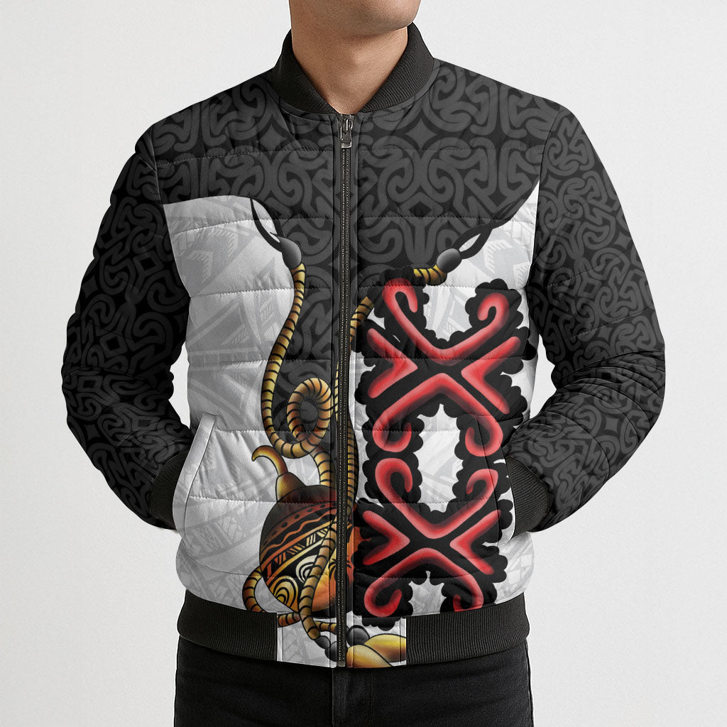 Personalised Papua New Guinea Oro Necklace Bomber Puffer Jacket Black Melanesia Traditional Pattern