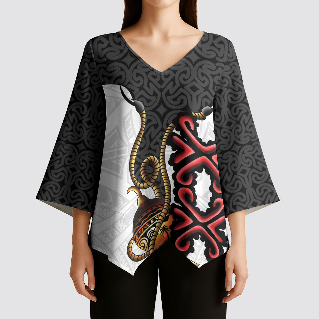 Personalised Papua New Guinea Oro Necklace Kimono Sleeve Blouse Black Melanesia Traditional Pattern