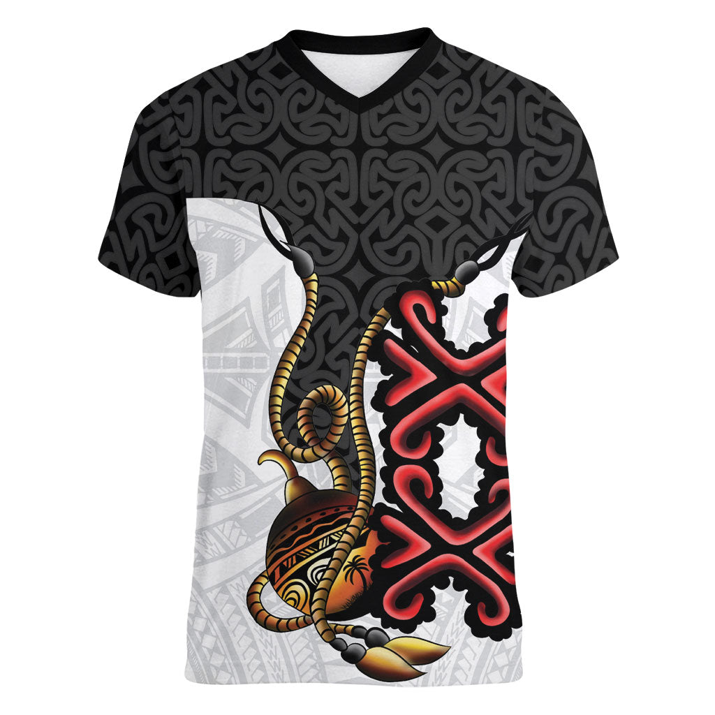 Personalised Papua New Guinea Oro Necklace Women V-Neck T-Shirt Black Melanesia Traditional Pattern