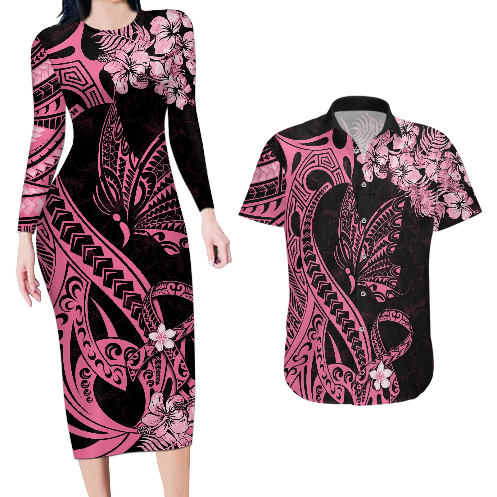 Polynesian Floral Butterfly Couples Matching Long Sleeve Bodycon Dress and Hawaiian Shirt Breast Cancer Pink Ribbon LT9 Pink - Polynesian Pride