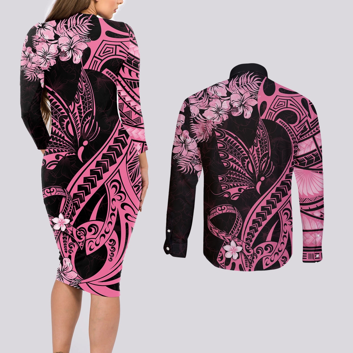 Polynesian Floral Butterfly Couples Matching Long Sleeve Bodycon Dress and Long Sleeve Button Shirts Breast Cancer Pink Ribbon LT9 - Polynesian Pride