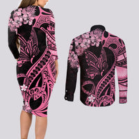 Polynesian Floral Butterfly Couples Matching Long Sleeve Bodycon Dress and Long Sleeve Button Shirts Breast Cancer Pink Ribbon LT9 - Polynesian Pride