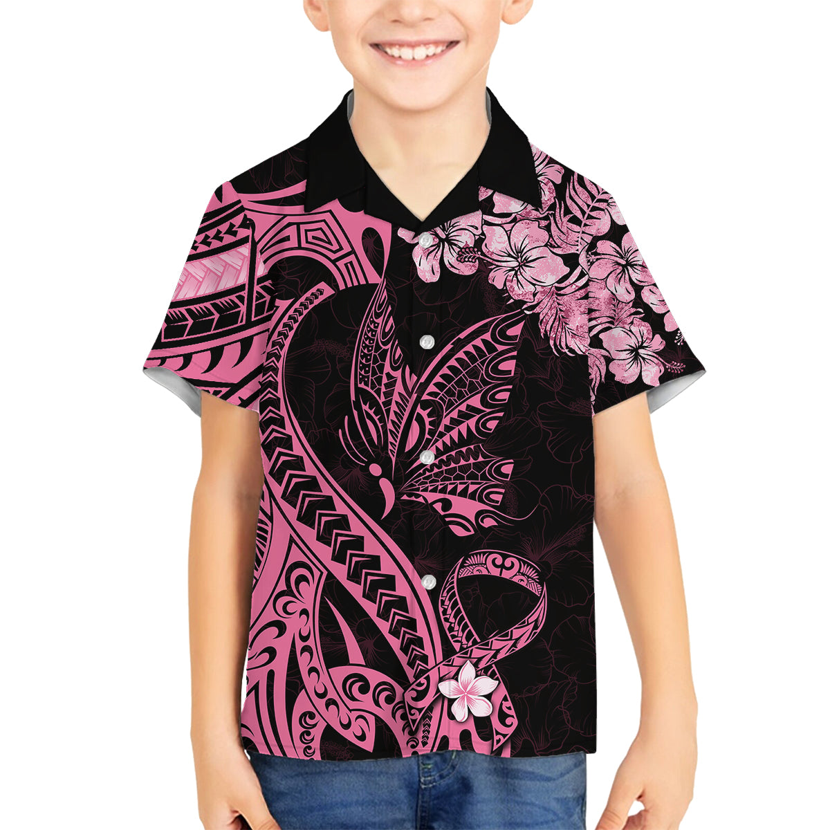 Polynesian Floral Butterfly Family Matching Off Shoulder Long Sleeve Dress and Hawaiian Shirt Breast Cancer Pink Ribbon LT9 Son's Shirt Pink - Polynesian Pride