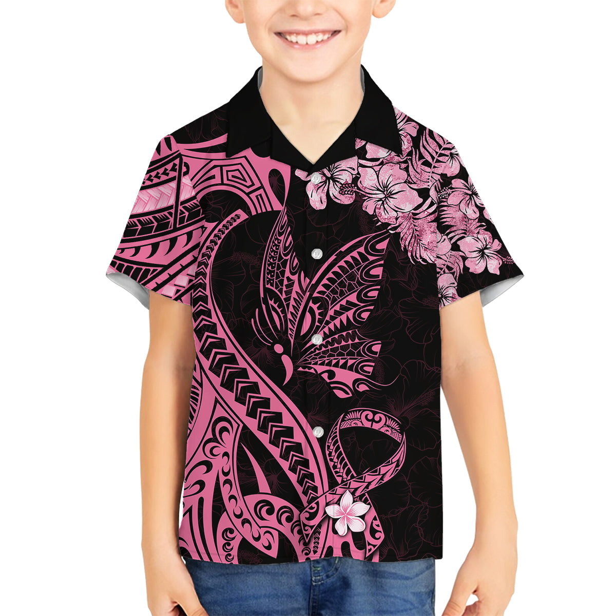 Polynesian Floral Butterfly Family Matching Off Shoulder Maxi Dress and Hawaiian Shirt Breast Cancer Pink Ribbon LT9 Son's Shirt Pink - Polynesian Pride