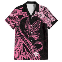 Polynesian Floral Butterfly Family Matching Short Sleeve Bodycon Dress and Hawaiian Shirt Breast Cancer Pink Ribbon LT9 Dad's Shirt - Short Sleeve Pink - Polynesian Pride