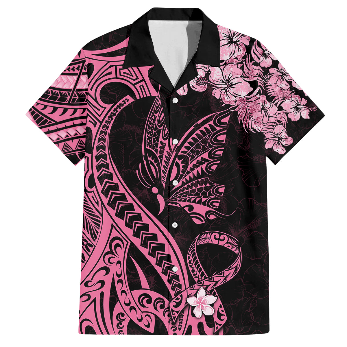 Polynesian Floral Butterfly Family Matching Summer Maxi Dress and Hawaiian Shirt Breast Cancer Pink Ribbon LT9 Dad's Shirt - Short Sleeve Pink - Polynesian Pride
