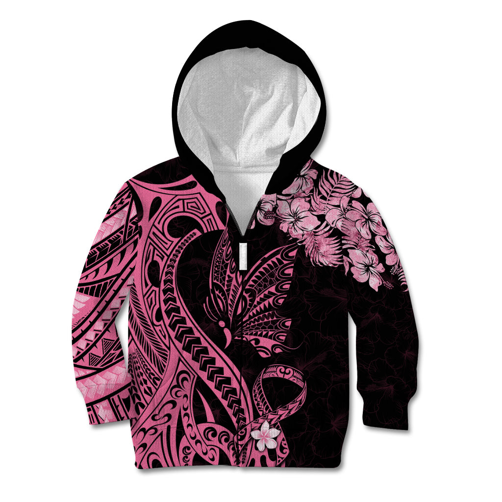 Polynesian Floral Butterfly Kid Hoodie Breast Cancer Pink Ribbon LT9 Zip Hoodie Pink - Polynesian Pride