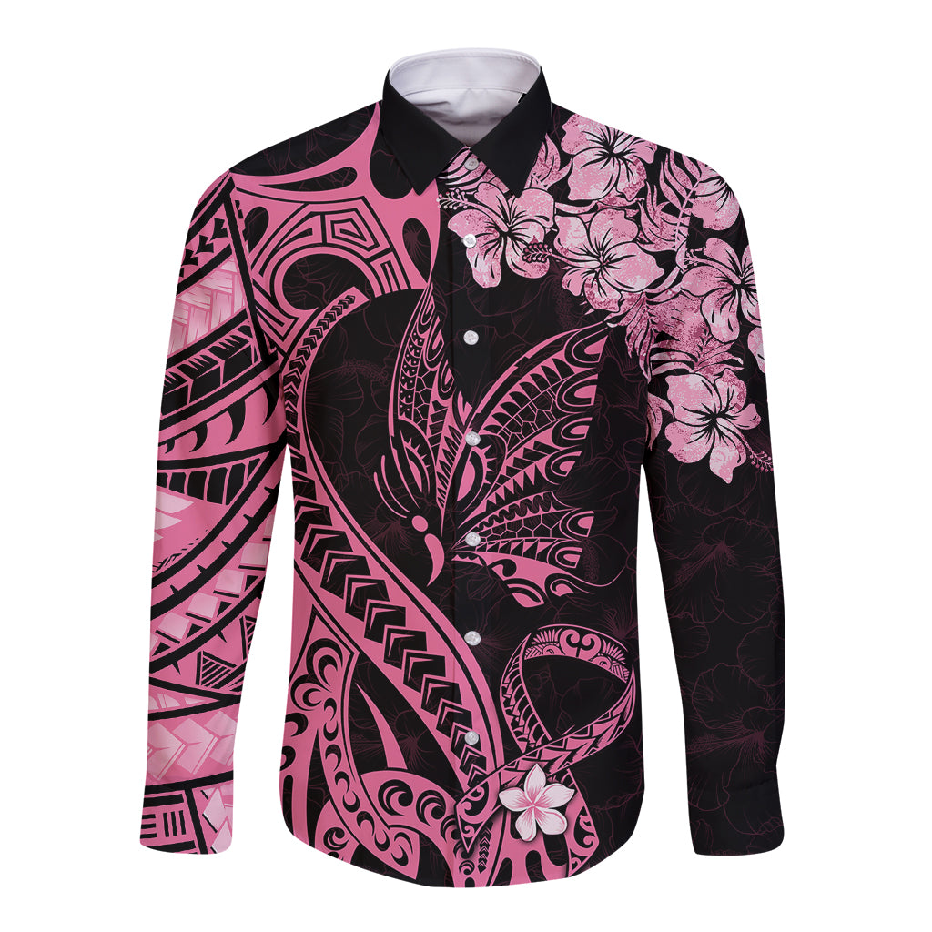 Polynesian Floral Butterfly Long Sleeve Button Shirt Breast Cancer Pink Ribbon LT9 Unisex Pink - Polynesian Pride