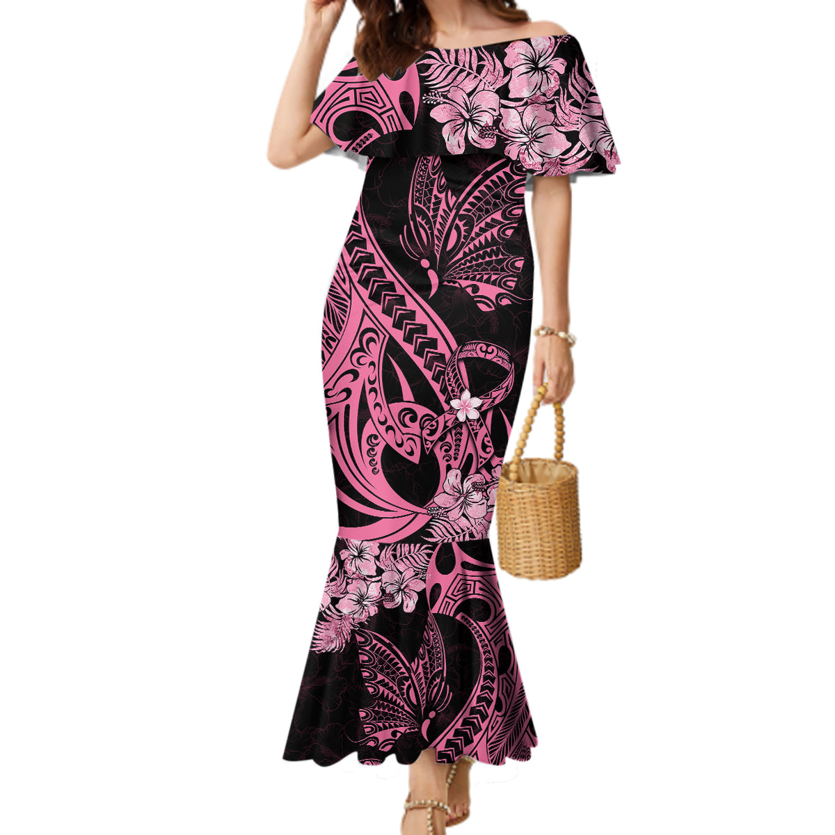 Polynesian Floral Butterfly Mermaid Dress Breast Cancer Pink Ribbon LT9 Women Pink - Polynesian Pride