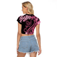 Polynesian Floral Butterfly Raglan Cropped T Shirt Breast Cancer Pink Ribbon LT9 - Polynesian Pride